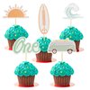 The Big One Cupcake Toppers, 1st Birthday Ocean Surf Cupcake Toppers，"ONE" Birthday Cake Decoration,Surf Bus Cake Topper，Swimming Beach Themed Party Ocean Baby Shower Party Supplies