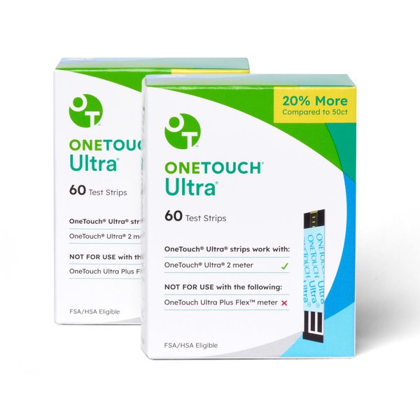 OneTouch Ultra Test Strips for Diabetes - 120 Count Diabetic Test Strips | Blood Sugar Test Strips for Blood Glucose Monitor Kit (2 Boxes, 60 Diabetes Test Strips Each)