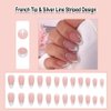 ANDGING French Tip Press on Nails Almond White Short Medium Fake Nails Gel Glue on Nails with Silver Line Striped Design Acrylic False Nails for Wedding 24Pcs Manicure Stick on Nail with Glue AJ58PO