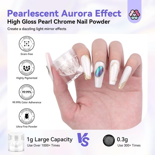 Saviland White Pearl Chrome Nail Powder Kit: Metallic Mirror Effect Pearl Chrome Powder for Nails with No-wipe Top Gel & Nail Art Sculpture Pen Glossy Aurora Chrome Nail Powder for Gel Polish DIY