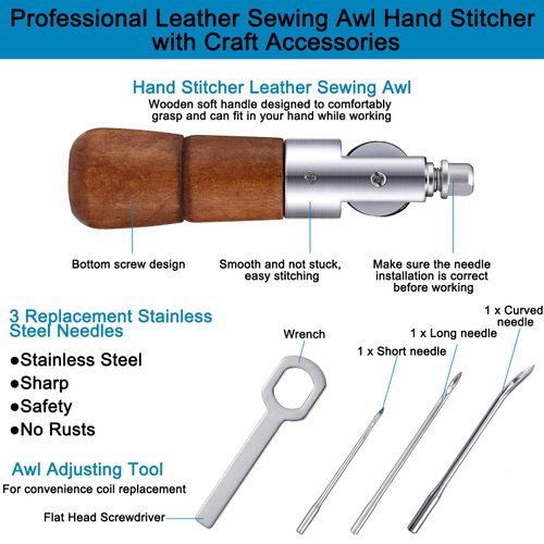 12 Pieces Leather Sewing Awl Kit Hand Stitcher with Craft Accessories Set, Hand Awl Tool, 3 Sizes Needles and 8 Colors Replacement Spools of Thread, Stitching Awl Tool Kit for Leather Fabric Supplies