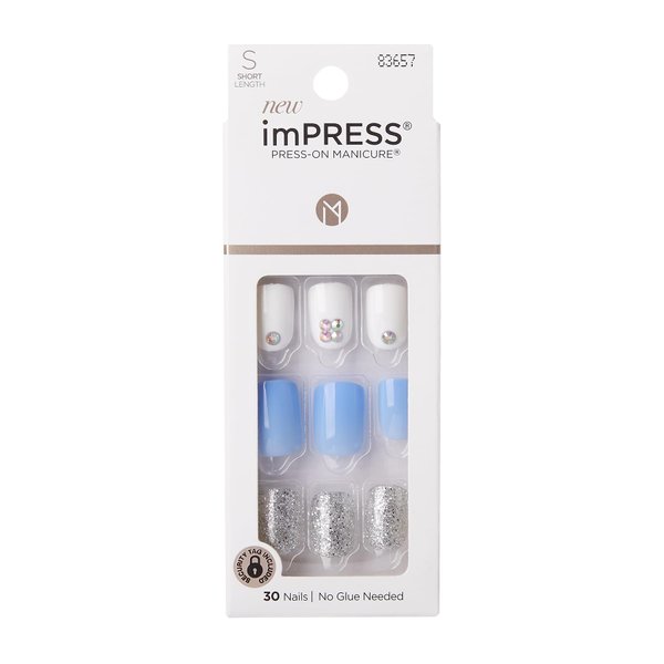 KISS imPRESS No Glue Mani Press On Nails, Design, 'I'd Rather Be', Multicolor, Short Size, Squoval Shape, Includes 30 Nails, Prep Pad, Instructions Sheet, 1 Manicure Stick, 1 Mini File