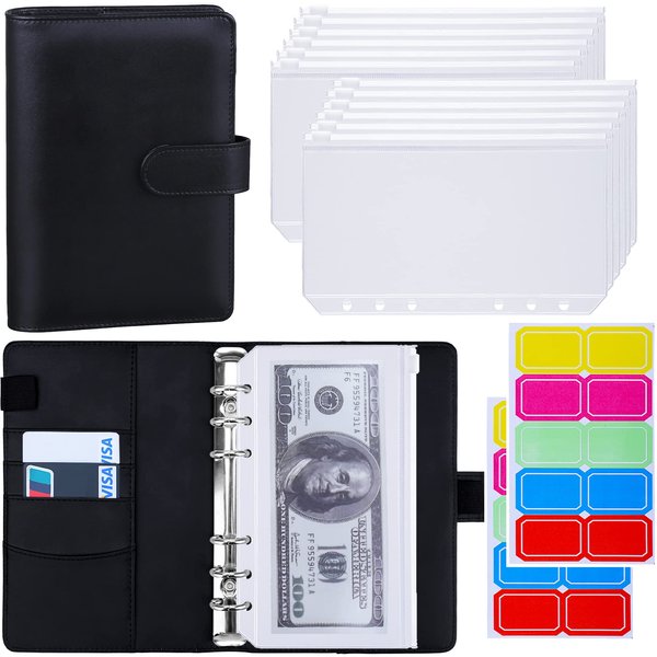 Antner Budget Binder with Zipper Envelopes, Money Organizer Cash Envelopes for Budgeting & Saving Money, A6 Planner 12 20 Colorful Stickers Cash, Black