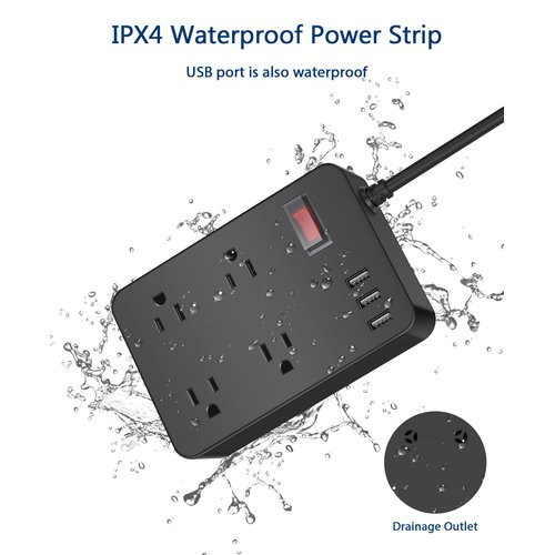 Outdoor Power Strip Weatherproof,Waterproof Surge Protector with 4 Outlets,3 USB,Shockproof Overload Protection, Multi Outlet Extension for Camping, Garden, Kitchen, Bathroom, 6ft Cord,with Flat Plug