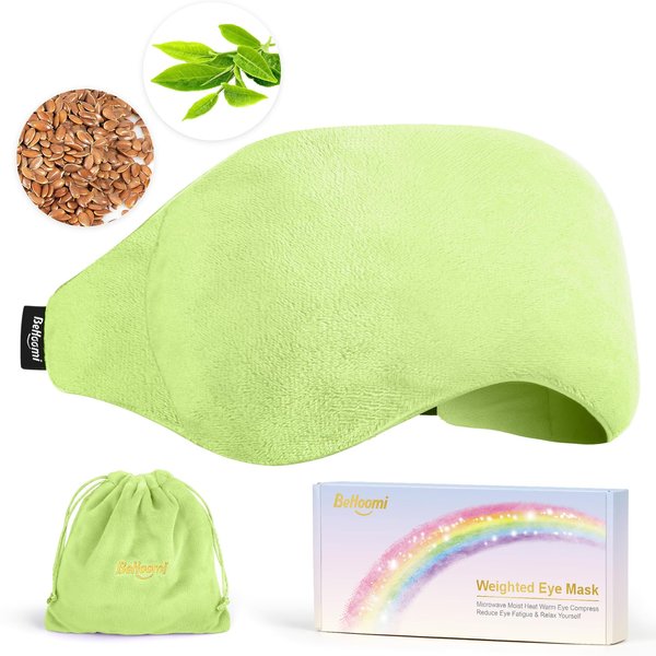 BeHoomi Weighted Eye Mask for Sleeping, Soft Heated Eye Mask, Moist Heat Warm Compress for Eyes, Natural Green Tea& Flaxseeds Microwave Reusable Sleep Mask, Must Haves for Women Spa, Home, Office