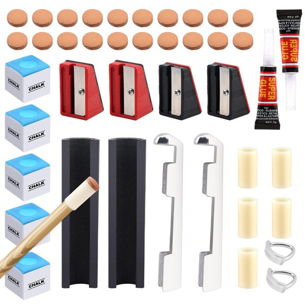 40pcs Pool Cue Repair Kit: 2 Pool Cue Tip Clamp + 20 Billiard Cue Tips + 5 Chalk Cubes + 5 Pool Cue Ferrule + 2 Planers + 4 Shaper, Billiard Cues Replacement Accessories(Multicolor)