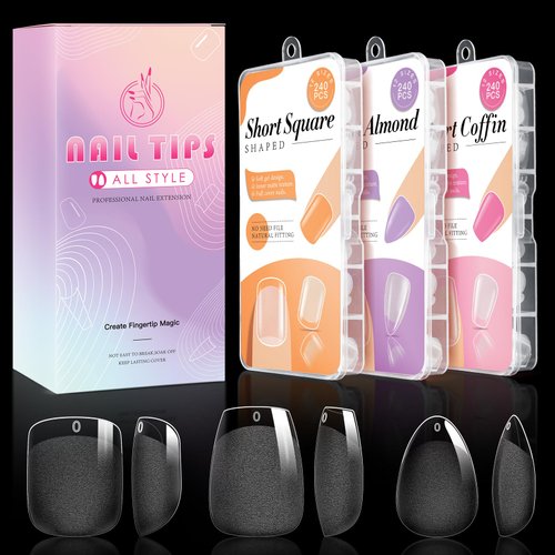 krofaue 3 Styles Short Nail Tips Kit - 720PCS Gel X Nail Tips Half Matte Coffin Nails Almond Nails Square Fake Nails Full Cover Press on Nails Extension for Soft Gel Nail Tips Set Art DIY Home - Gifts