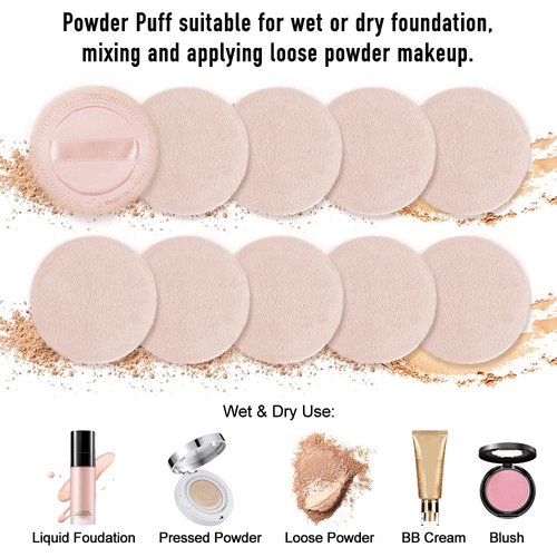 10pcs Powder Puff Cotton Cosmetic Powder Makeup Puffs Pads with Ribbon Face Powder Puffs for Loose and Foundation 2.36 inch. (Beige)