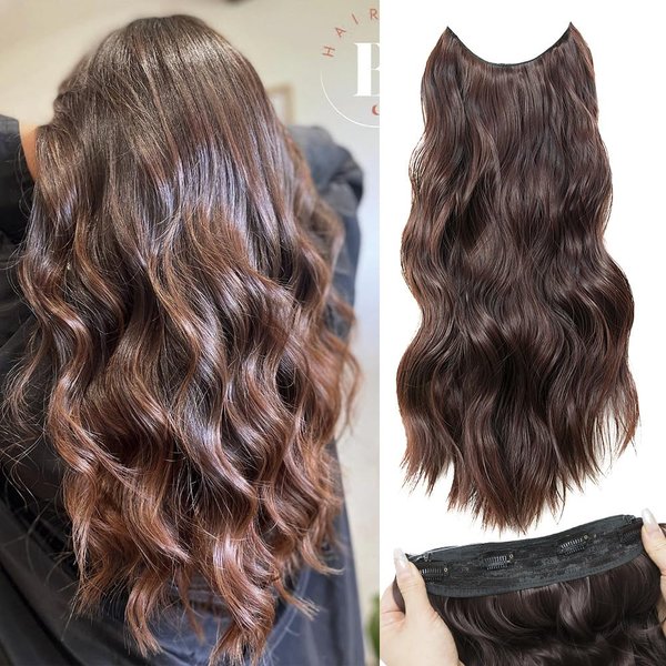 Zijiaer Halo Hair Extensions 20 Inches Chocolate Brown Long Wavy Shape Adjustable Size Invisible Steel Wire Extensions with Transparent Headband 4 Fixed Safety Clips Suitable for Women