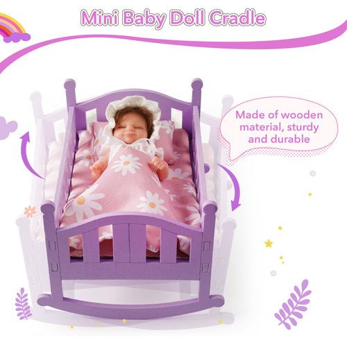 BABESIDE 4 Pcs Baby Doll Crib Set for 4-6 Inch Mini Baby Dolls, Wooden Baby Doll Bed Doll Furniture with Doll Bedding Set, Baby Doll Cradle for Kids Pretend Play Toys, Purple