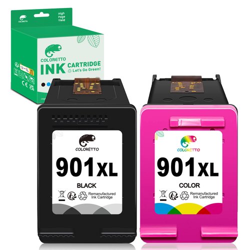 COLORETTO Remanufactured Printer Ink Cartridge Replacement for HP 901XL to use with HP Officejet 4500 G510a G510g G510n J4500 J4524 J4624 J4660 J468 (1 Black+1 Color) Combo Pack