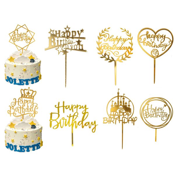 FOIMAS 8PCS Gold Birthday Cake Topper,Acrylic Round Happy Birthday Cake Toppers for Kids Adult Birthday Party Decoration Supply