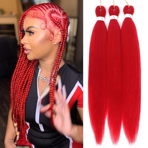 Royota Red Braiding Hair Pre Stretched Easy Braiding Hair Yaki Texture 3 Pieces Synthetic Prestretched Braiding Hair 26 Inches Knotless Braids for Box Crochet Hair Extensions (Red,26inch)