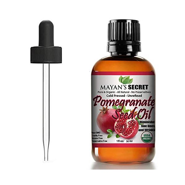 Mayan's Secret USDA Certified Organic Pomegranate Seed Oil for Skin Repair -Glass Bottle Cold Pressed and Pure Rejuvenating Oil for Skin, Hair and Nails