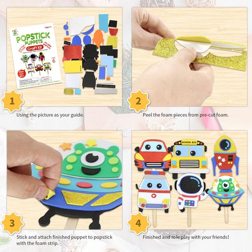 VKPI Make 6 Popstick Puppets Craft Kit for Kids, Foam Art Crafts Gift, Story Time Toys for Ages 4+ Toddler, Cars, Astronaut, Rocket, Spacecraft, Preschool Projects Game Craft, Birthday Party Favor