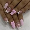 French Tip Press on Nails with Charms Short Fake Nails, French Nails Press ons Cute Pink Bow Stick on Nails Medium Square Shape Glossy Sparkly Full Cover Glue on Nails for Women Daily Wear 24 pieces