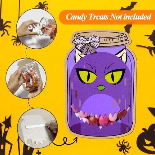 Halloween Party Favors for Kids-50 Pack Mason Jars Shape with Candy Bags, 5 Design Halloween Cards for Trunk or Treat Party Gift, Halloween Cardstock Fall Crafts for Kids Halloween Craft Supplies