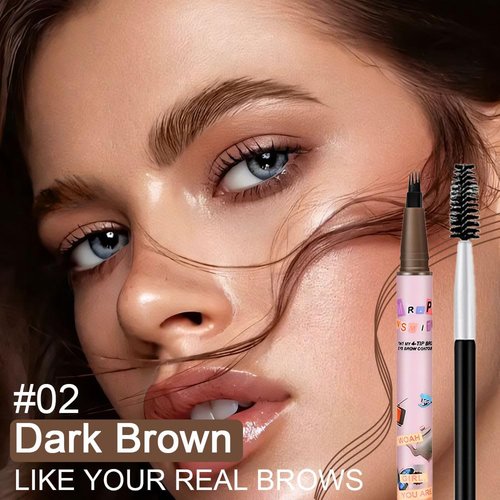 Kaely Dark Brown Microblading Eyebrow Pen Waterproof,Magic Eyebrow Pencil with Brow Brush,4 Tip Precise Eye Brow Pencils for Women Makeup,lapiz de cejas a prueba de agua,Fiber Head 02