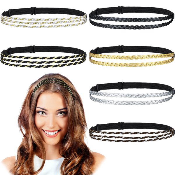 Jutom 6 Pieces 6 Pieces Elastic Braided Headbands No Slip Adjustable Headbands Stretchy Headbands for Women Strand Headband Plaited Hair Band Hippie Hair Accessory