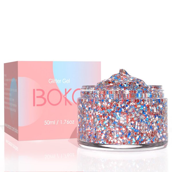 Boko 50ML Body Glitter Gel, Red White Blue Chunky Glitter for Face Hair Body Makeup, Cosmetic Patriotic Glitter for Flag Party 4th of July Independence Day Olympic Rave Accessories - Freedom Starlight
