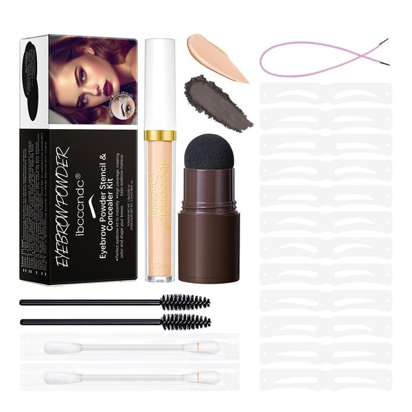Eyebrow Stencil Kit, Professional Waterproof Brow Powder Stamp，One Step Brow Powder Stamp Makeup with 12 Reusable Eyebrow Stencils＆1 liquid concealer 04# (Black brow)