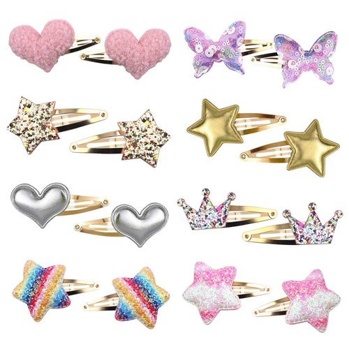 Gingbiss Hair Clips for Girls - 8 Pairs of Star, Crown, Heart, Butterfly Shaped Barrettes and Pins - Metal Snap Accessories for Styling Kids' Hair