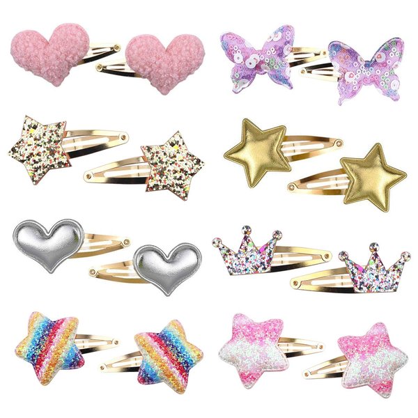 Gingbiss Hair Clips for Girls - 8 Pairs of Star, Crown, Heart, Butterfly Shaped Barrettes and Pins - Metal Snap Accessories for Styling Kids' Hair