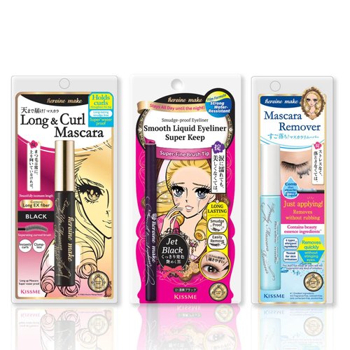 Heroine Make by Kissme Combo Set, Long up Mascara Super Waterproof, Black + Speedy Mascara Remover from Japan + Smooth Liquid Eyeliner Super Keep, Jet Black
