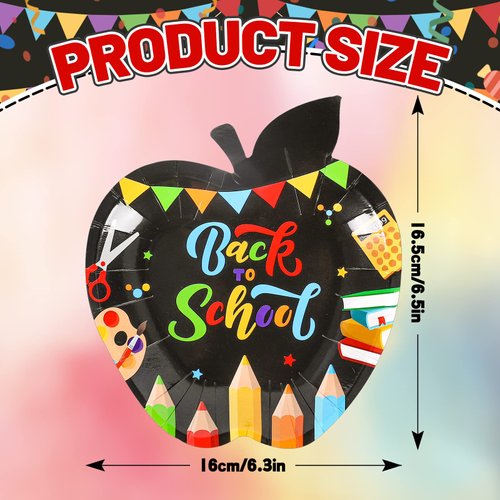 Whaline 40Pcs Back to School Paper Plates Black Apple Shaped Disposable Plates Colorful Pencils Books Decorative Tableware for First Day of School Party Supplies Table Decorations, 6.3 x 6.5 Inch