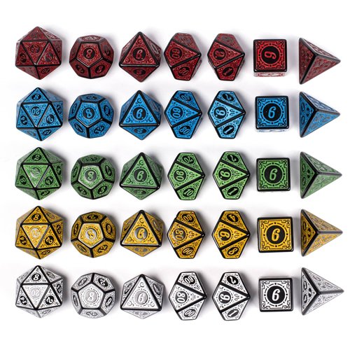 Poludie 5 Polyhedral Dice Set (35pcs) with Leather Dice Bag, D&D Dice for Dungeons and Dragons, RPG, MTG Table Games (Window Lattice Carved Series)
