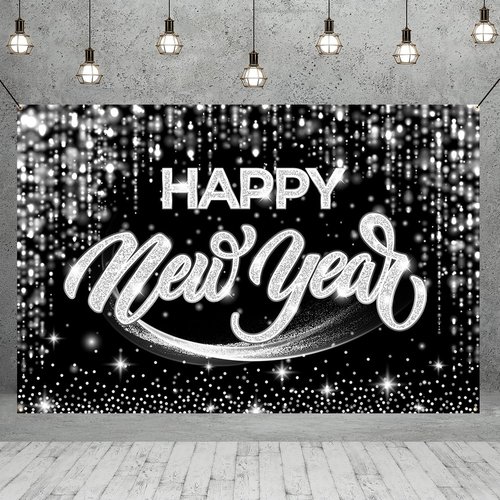 Happy New Year Backdrop-New Years Eve Party Supplies 2025 Black Silvery Happy New Year Backdrop Banner Background for 2025 New Years Decorations