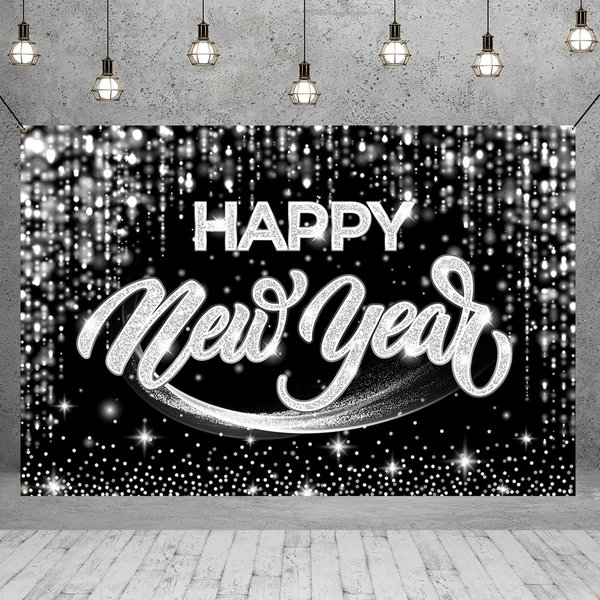 Happy New Year Backdrop-New Years Eve Party Supplies 2025 Black Silvery Happy New Year Backdrop Banner Background for 2025 New Years Decorations