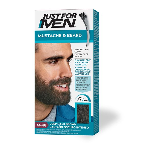 Just For Men Mustache & Beard, Beard Dye for Men with Brush Included for Easy Application, With Biotin Aloe and Coconut Oil for Healthy Facial Hair - Deep Dark Brown, M-46, Pack of 1