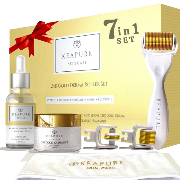 Derma Roller Kit for Face, Body, Stretch Marks - Skin Care Kit 540 Microneedle Roller Heads 180-Eyes, 600-Face,1200-Body | 30gm Moisturizing Cream and 25% Vitamin C Serum | Microneedling Roller Set