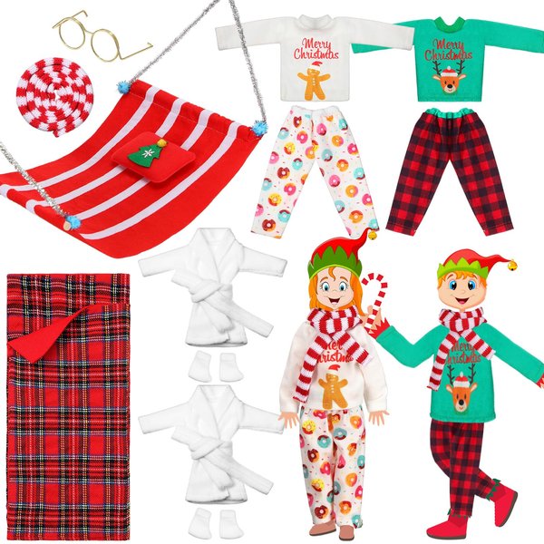 Jenaai 12 Pieces Christmas Elf Doll Accessories Set Elf Clothes Mini Outfit Include Doll Skirt Fluffy Vest Bathrobe Swing Sleeping Bag Scarf Apron Hats Socks(Elk, Gingerbread Man)