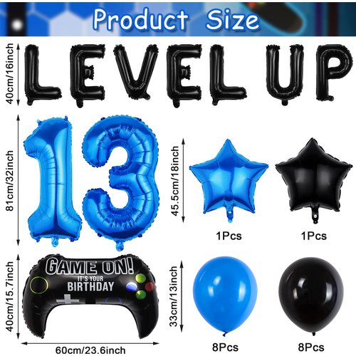 Video Game Birthday Party Set, Level Up 13 Video Game Balloons Controller Balloons Blue Black Stars Aluminum Foil Balloons Kit Decorations (13TH)