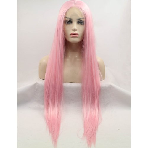 SeraphicWig Pink Lace Front Wigs Middle Part Long Straight Synthetic Wig Glueless for Women Heat Resistant Fiber Hair Half Hand Made 24 inches