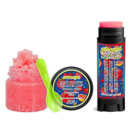 Pomegranate Berry Soothing & Luscious Lips by OverSoyed Exfoliator & Chapped Lip Repair Lip Care Combo | Artisan Handcrafted to Order Sweet Pomegranate Sparkling Citrus Juicy Flavored Exfoliating Sugar Lip Scrub & Lip Moisturizer Balm Gift Set
