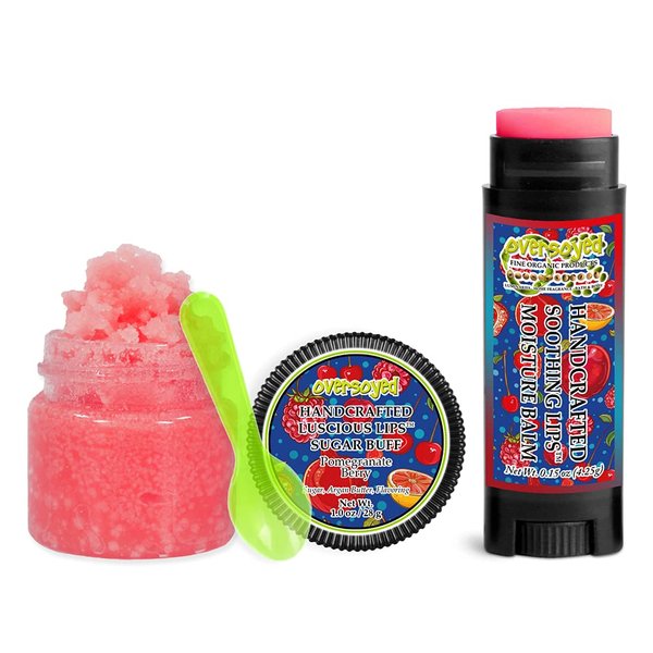 Pomegranate Berry Soothing & Luscious Lips by OverSoyed Exfoliator & Chapped Lip Repair Lip Care Combo | Artisan Handcrafted to Order Sweet Pomegranate Sparkling Citrus Juicy Flavored Exfoliating Sugar Lip Scrub & Lip Moisturizer Balm Gift Set