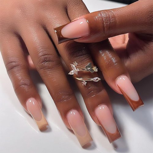 ZASKHLD Brown Press on Nails Medium Long Square Fake Nails Glossy Glue on Nails Reusable Brown French Tip Acrylic Nails Natural Autumn Coffin False Nails for Women Girls DIY Nails Decoration 24Pcs