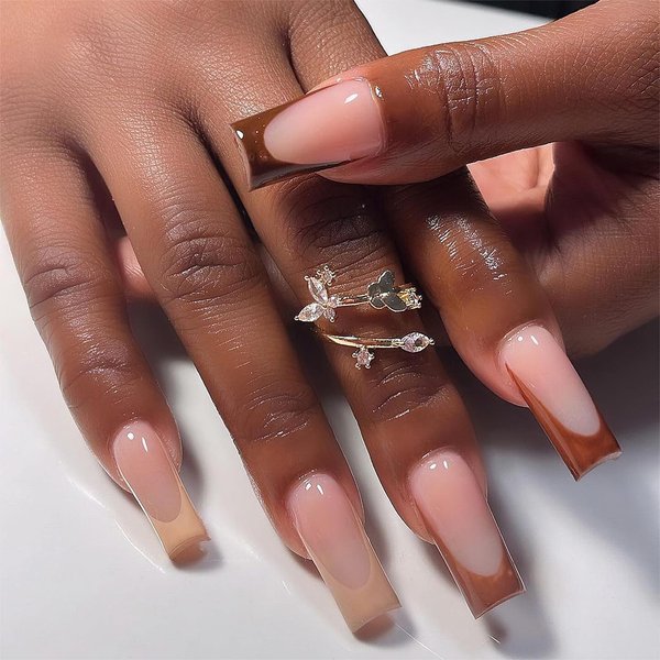 ZASKHLD Brown Press on Nails Medium Long Square Fake Nails Glossy Glue on Nails Reusable Brown French Tip Acrylic Nails Natural Autumn Coffin False Nails for Women Girls DIY Nails Decoration 24Pcs