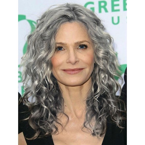 Sallcks Womens Long Curly Grey Wig 2 Tones Natural Curly Side Part Halloween Costume Wig for Women