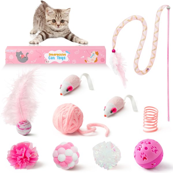 MALLMALL6 10Pcs Cat Toy Set Interactive Cat Toys Pack Including Feather Teaser Wand Cat Springs Mice Crinkle Balls and Pet Bell Balls, Puzzle Toys for Indoor Cats Gift (Pink)