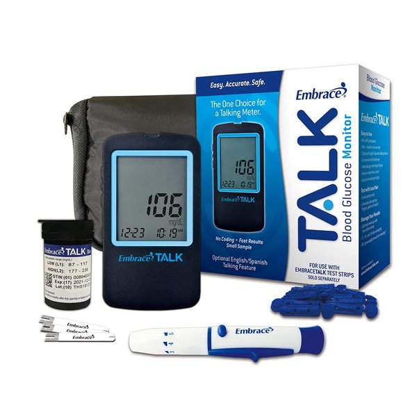 Embrace Talk Diabetes Testing Kit – Embrace Talk Blood Glucose Meter, 50 Blood Test Strips, 1 Lancing Device, 30 Gauge Lancets-50 Count and Carrying Case