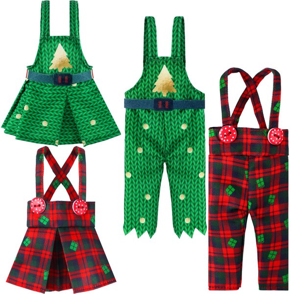 4 Pcs Christmas Elf Doll Clothing Accessory Set for Boy and Girl Elf Doll Holiday Plaid Skirt Elf Santa Dress and Suspender Trousers for Christmas Holiday Parties Decor, Doll Not Included (Cute)