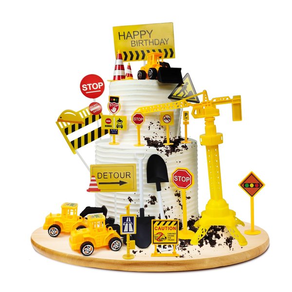 Ayearparty 30 pcs Construction Cake Toppers Mini Vehicles Cake Decoration Set Excavator Tower Crane Toys Traffic and Road Sign Decor Construction Theme Birthday Party Supplies Gifts for Kids Boys