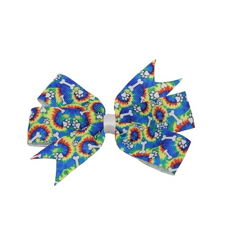 Rainbow Tye-Dye Dog Paw Print and Bones Hair Bow