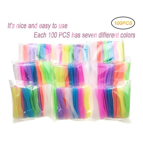 QsQueen 100 PCS Cosmetic Spatula for Makeup Face Mask Plastic Spoon Disposable Makeup Tools for Mixing and Sampling 4.88'' x 1.06" Random Color