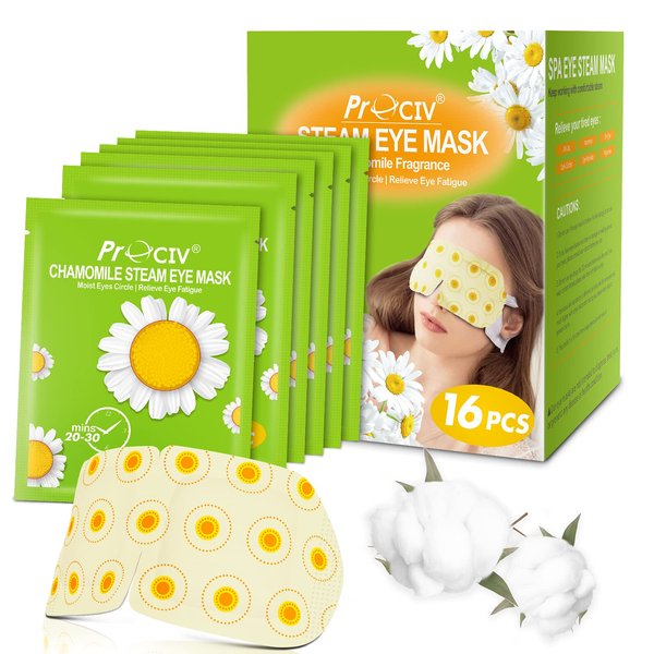 16 Packs Eye Masks for Dark Circles and Puffiness Disposable Soothing Headache Relief Dry Eyes, Stress Relief Relief Eye Fatigue Steam Eye Masks (Chamomile)