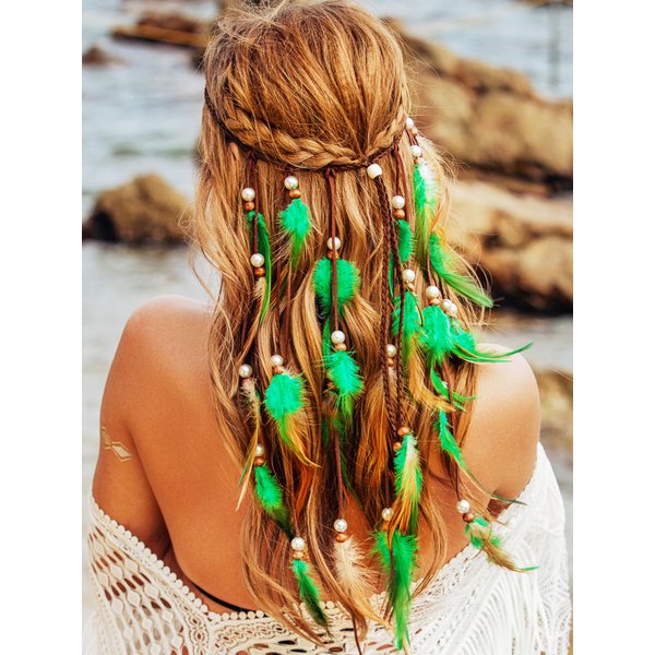 GENBREE Boho Feather Headbands Green Indian Headband Hippie Feather Headdress Adjustable Long Feather Hair Accessories for Women